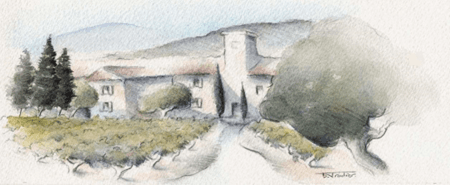 Peinture du Château d'Hugues et son vignoble au flanc des collines du Massif d'Uchaux